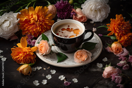 a cup of coffee on a saucer with flowers on it, generative AI