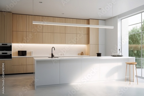 modern kitchen interior with sink and wood shelves