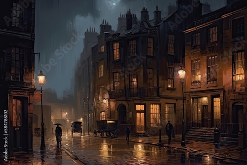 Fototapeta Naklejka Na Ścianę i Meble -  Old European city street landscape, night city in the rain painting, historical cityscape, London street of 19th century, generative AI