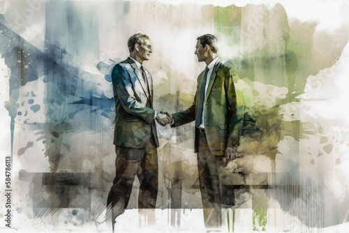 watercolor picture of two businessmen, dressed in sharp suits, are depicted shaking hands with a confident smile on their faces. Generated AI