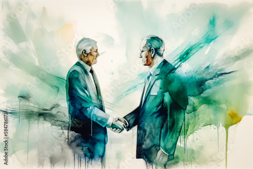 watercolor picture of two businessmen, dressed in sharp suits, are depicted shaking hands with a confident smile on their faces. Generated AI