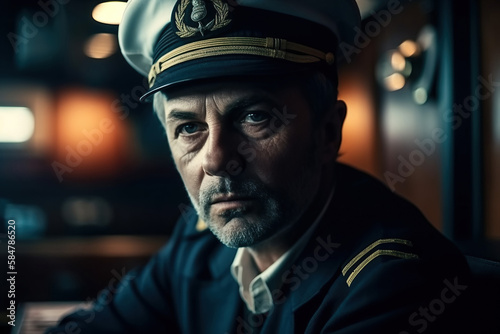 portrait of an old sailor captain of ship in uniform in control room. Generative AI