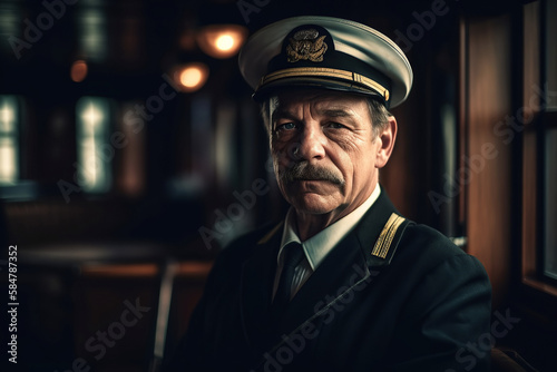 portrait of sailor ship captain in uniform in cabin of cruise boat. Generative AI