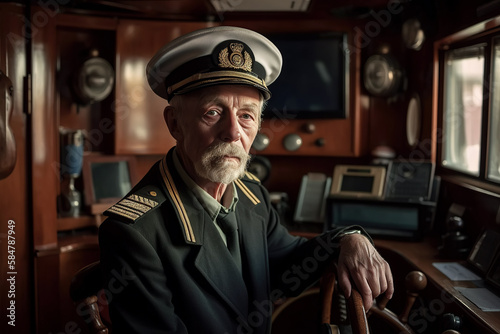 portrait of an old sailor captain of ship in uniform in control room. Generative AI photo