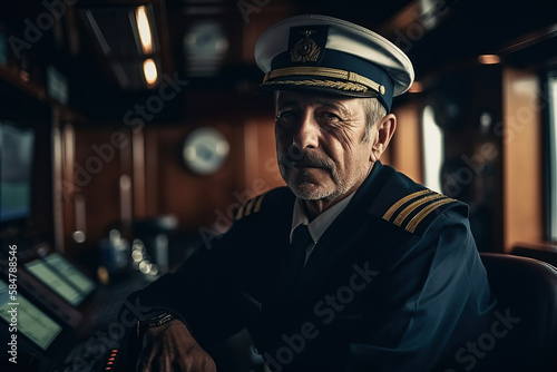 sailor captain of a ship in wheelhouse of a cruise boat. Generative AI