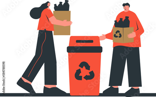 a couple wearing orange clothes are cleaning the environment from used bottles for recycling
