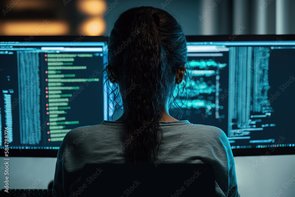 Ilustrace „Back view of female software developer, coding scripts for ...