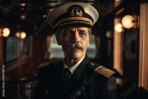 portrait of sailor ship captain in uniform in cabin of cruise boat. Generative AI photo