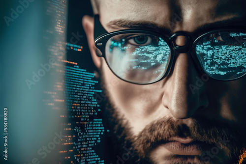 Closeup of coder in goggles with reflection of monitor with code working on computer, developing software, testing security system, focused on screen with programming language. Generative AI