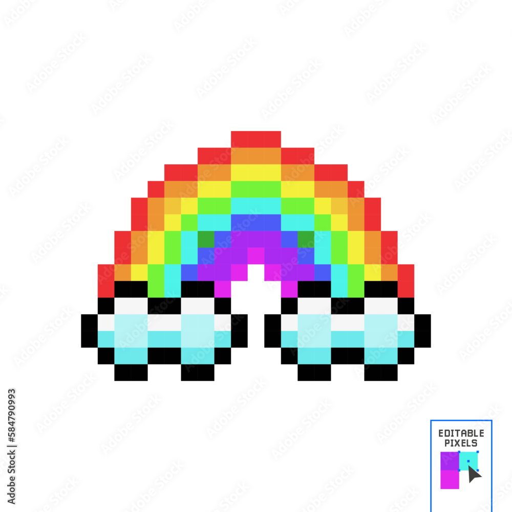 Beautiful pixel rainbow with clouds isolated on a dark blue background ...