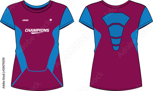 Women Sport Jersey t-shirt design flat sketch Illustration, Abstract pattern Round neck t shirt for girls and Ladies Volleyball jersey, Football, badminton, Soccer and netball, Sport uniform kit