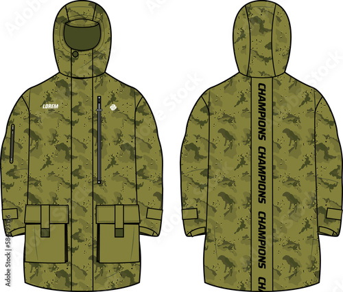 Camouflage Storm proof Coat Hoodie jacket design flat sketch Illustration, Hooded utility jacket with front and back view, winter jacket for Men and women. for hiker, outerwear and workout in winter