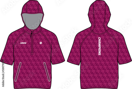 Short sleeve pull over windbreaker Hoodie jacket design flat sketch Illustration, Hooded weather jacket with front and back view, winter jacket for Men and women for running and workout in winter