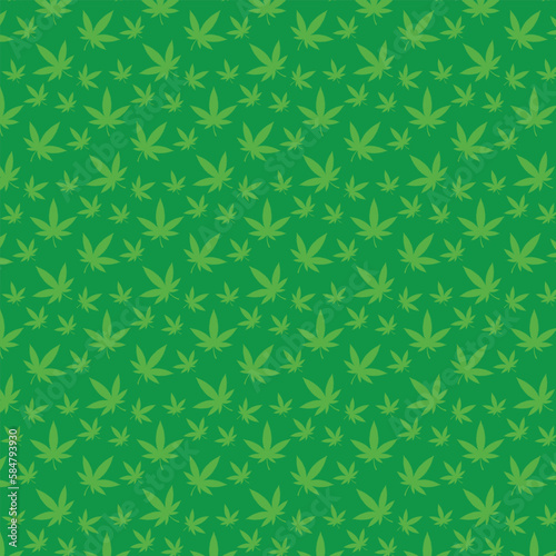 Cannabis leaf pattern on a green color background.