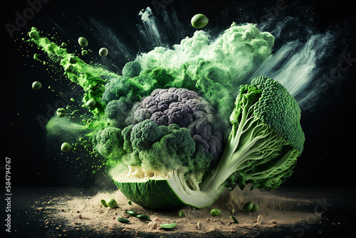 Green salad explosion on dark background. Generative AI.