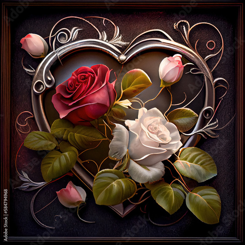Rose heart decoration Generative AI Valentines day card purple and red background with red heart with silver outline and red, pink and white roses in front beautiful composition drawing style
