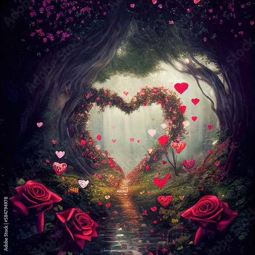 Rose heart decoration Generative AI Valentines day card purple background with golden heart outline red and pink roses in front beautiful composition photorealistic roses drawing with golden ornaments