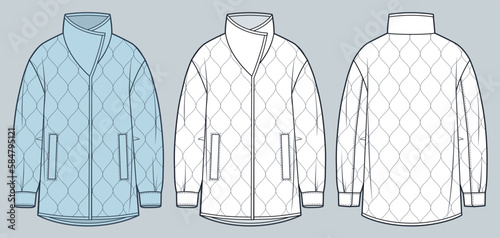Puffer Coat technical fashion Illustration. Quilted padded Down Jacket fashion flat technical drawing template, long sleeve, pocket, front and back view, white, blue, women, men, unisex CAD mockup set