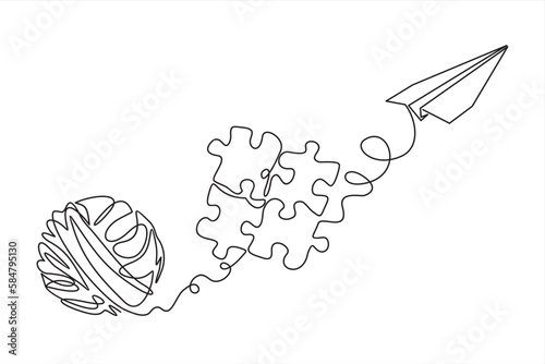 Chaos, puzzle and paper plane, abstract concept vector illustration. Metaphor of disorganized difficult problem found solution, mess with single continuous tangle thread in need of unraveling.