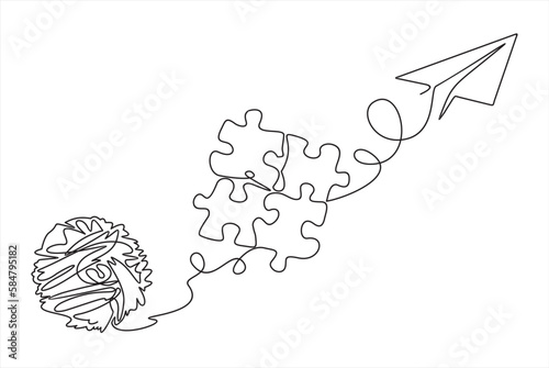 Chaos, puzzle and paper plane, abstract concept vector illustration. Metaphor of disorganized difficult problem found solution, mess with single continuous tangle thread in need of unraveling.