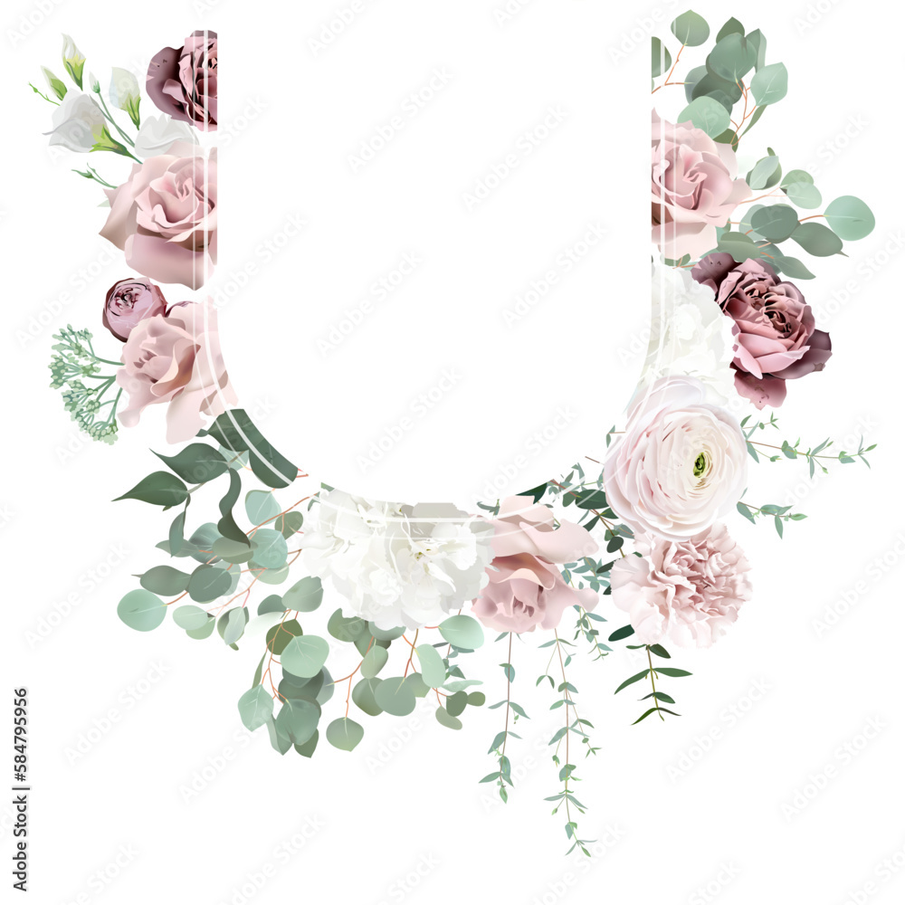 Silver sage green and blush pink flowers vector design frame.