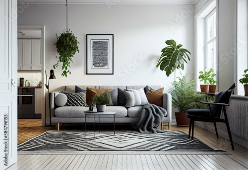 A living room with white walls, wooden floors, and a large, comfortable gray sofa. The only decorations are a few potted plants and a simple geometric rug. Generative AI