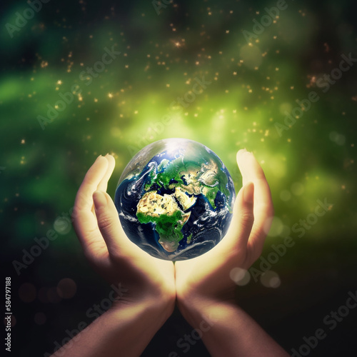 Growing Together: Hands, Earth, and Lush Greenery for a Sustainable Future. Ai Genrated Art. Wallpaper, Background. Concept Art for Environment.