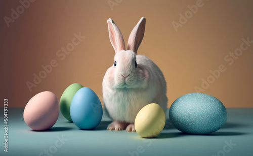 Easter bunny with colorful easter eggs background, cute rabbit, easter bunny - copy space