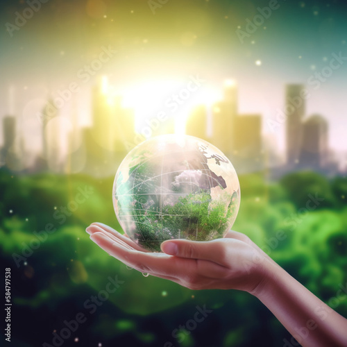 Sustainable Success: Hands Holding Earth for a Greener Tomorrow. Ai Genrated Art. Wallpaper, Background. Concept Art for Environment.