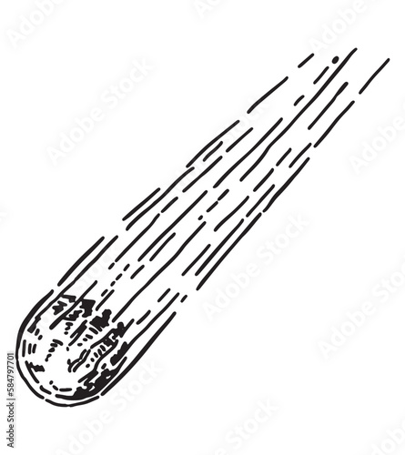 Cosmic phenomenon doodle. Outline drawing of comet. Astronomy science sketch. Hand drawn vector illustration isolated on white.