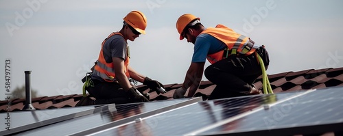deux hommes en train d'installer des panneaux solaires sur le toit d'un pavillon - generative ai photo