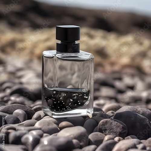 Perfume bottle on nature background created with Generative AI technology.