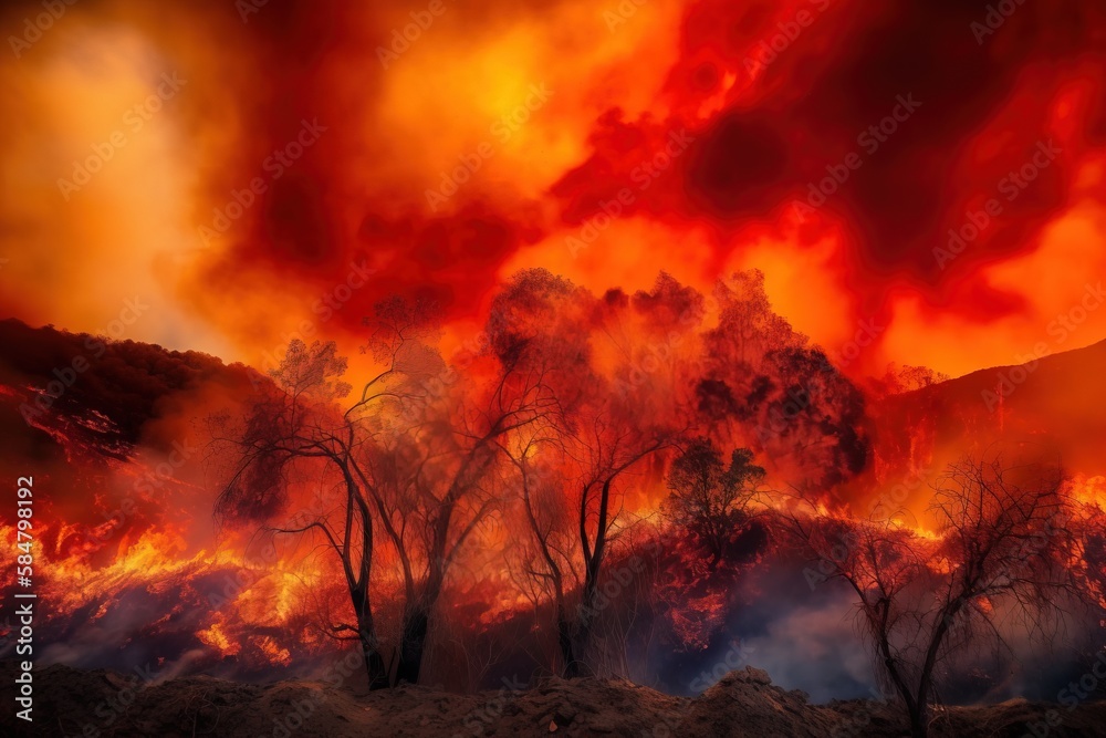 Raging Wildfire Engulfing Dry Landscape