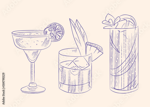 Three glasses of refreshing cocktails. Hand-drawn vector line illustrations