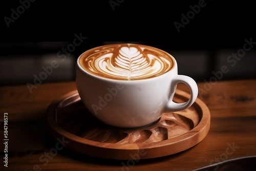 Close up of Hot Latte Coffee in White Cup with Foam - Cafe and Coffee Shop Background with Blur Effect