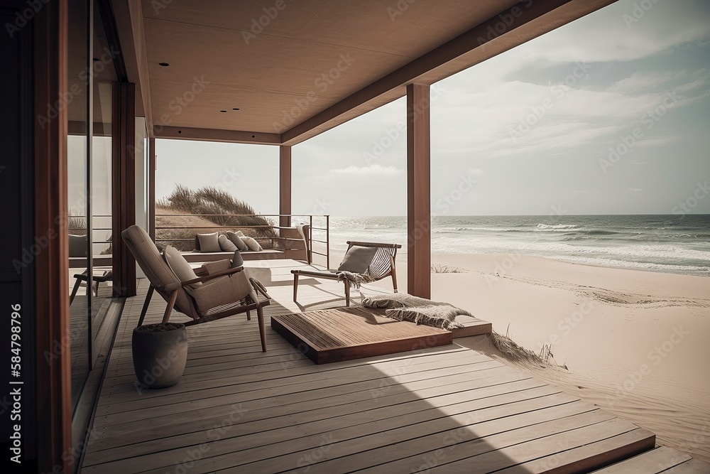 Modern Beach House Lounge with Ocean View, Generative AI