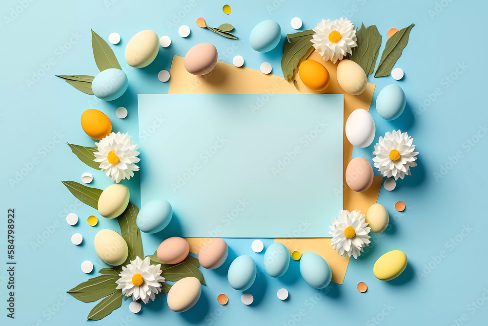 Easter card. Easter. Eggs and flowers. Banner. Copy space. AI generated