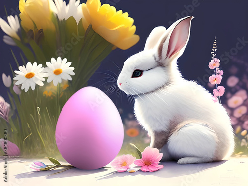 Easter bunny with eggs and flowers. Generative Ai.