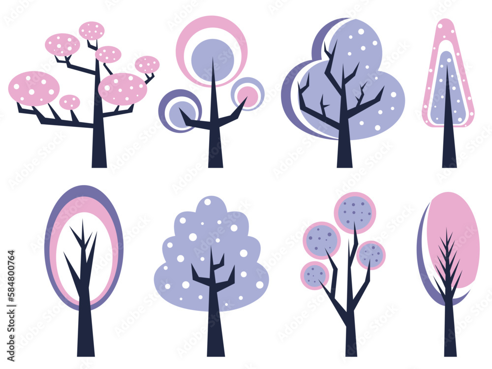Trees vector illustration. Collection of cute colorful trees. Set of vector trees