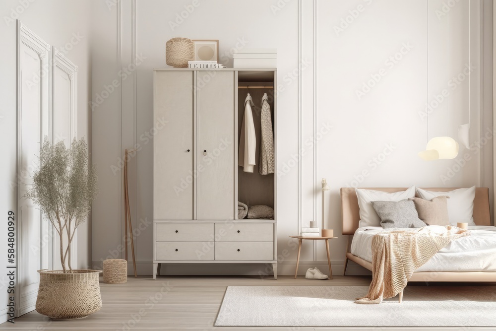 Interior of modern sleeping room with minimal closet over white wall ...