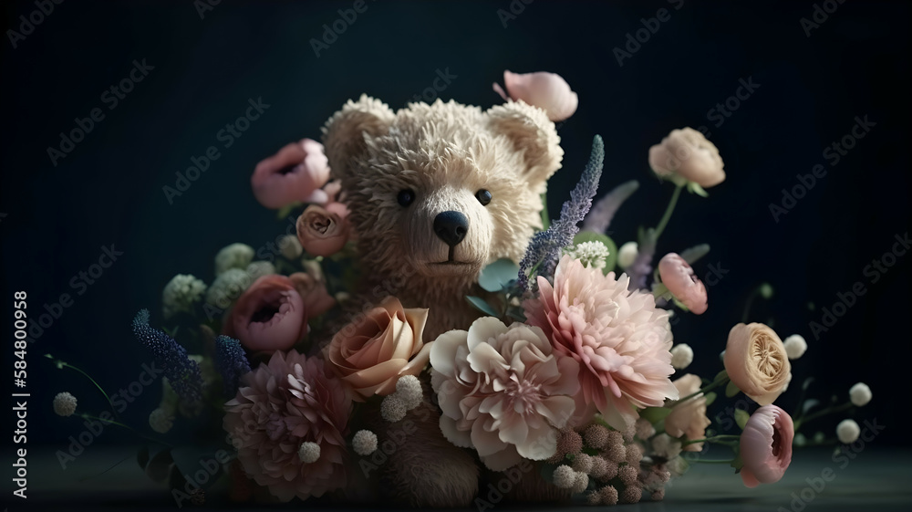 A teddy bear surrounded by flowers in front of a black background. AI Generated A teddy bear surrounded by flowers in front of a black background. AI Generated