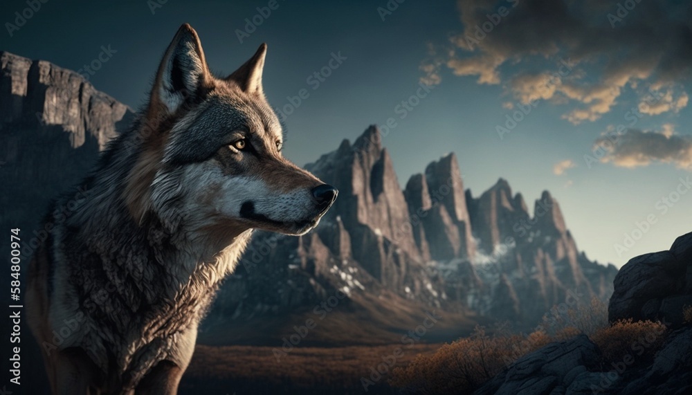 AI generated illustration of a gray wolf standing on top of a rock next ...