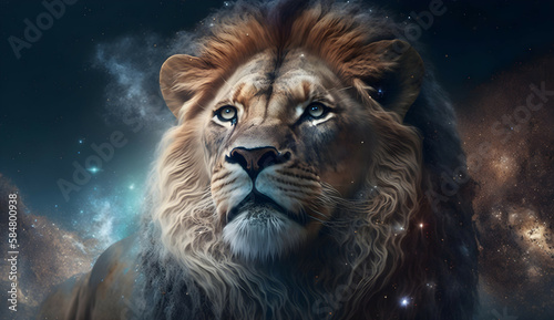 Galaxy ocean and lion. AI Generated © Photo Designer 4k