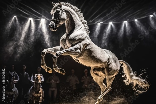 animal show jumping and dancing horse on stage, created with generative ai