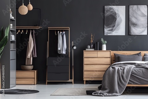 Interior of modern scandinavian sleeping room in dark color scheme with minimal closet over white wall. Contemporary room with dresser. Home design with poster - Generative AI © Hanjin