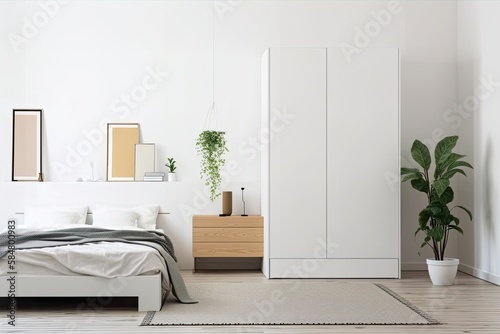Interior of modern sleeping room with minimal closet over white wall. Contemporary room with dresser. Home design with poster - Generative AI © Hanjin