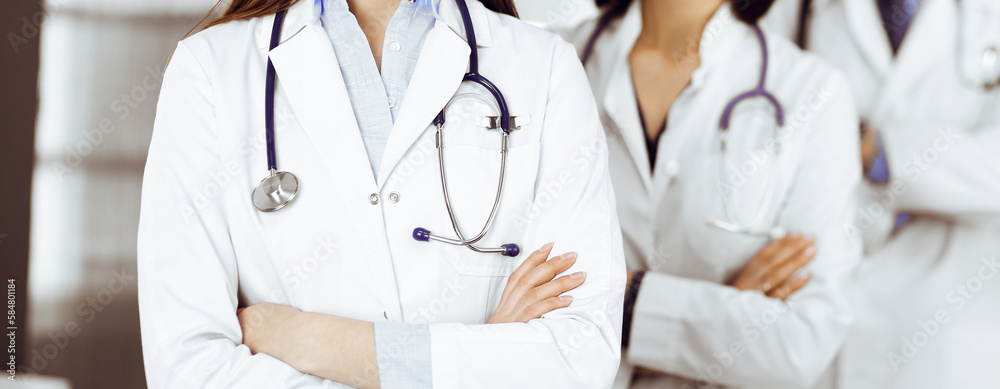 Group of professional doctors is standing as a team with arms crossed in clinic. Medicine concept during Coronavirus pandemic Group of professional doctors is standing as a team with arms crossed in clinic. Medicine concept during Coronavirus pandemic