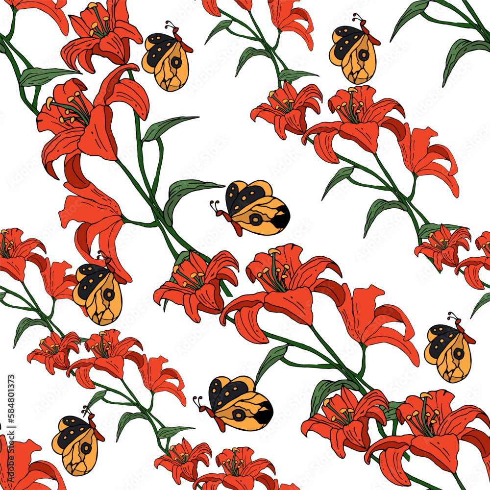 Seamless pattern with lily flower and butterfly on an isolated background - obrazy, fototapety, plakaty 