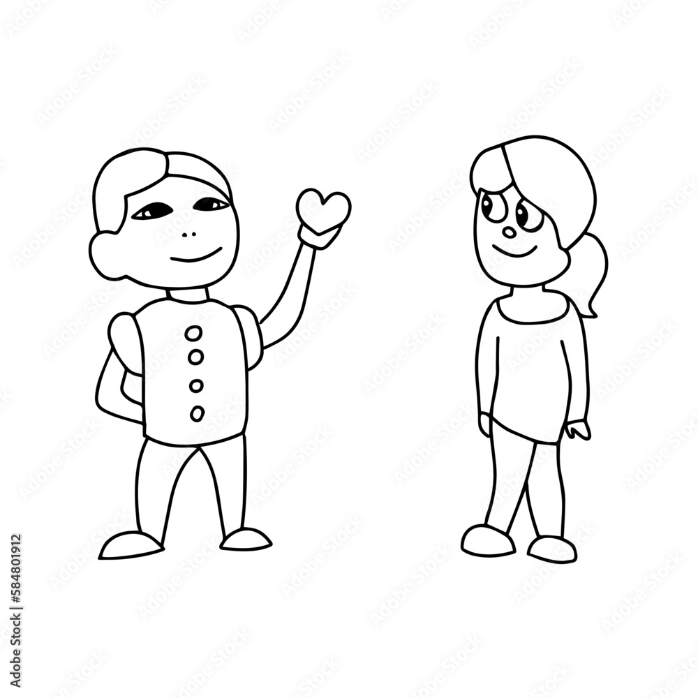 Beautiful hand-drawn vector illustration of a pair of children a boy and a girl isolated on a white background for coloring book. The boy is giving a heart to the girl. Beautiful hand-drawn vector illustration of a pair of children a boy and a girl isolated on a white background for coloring book. The boy is giving a heart to the girl.
