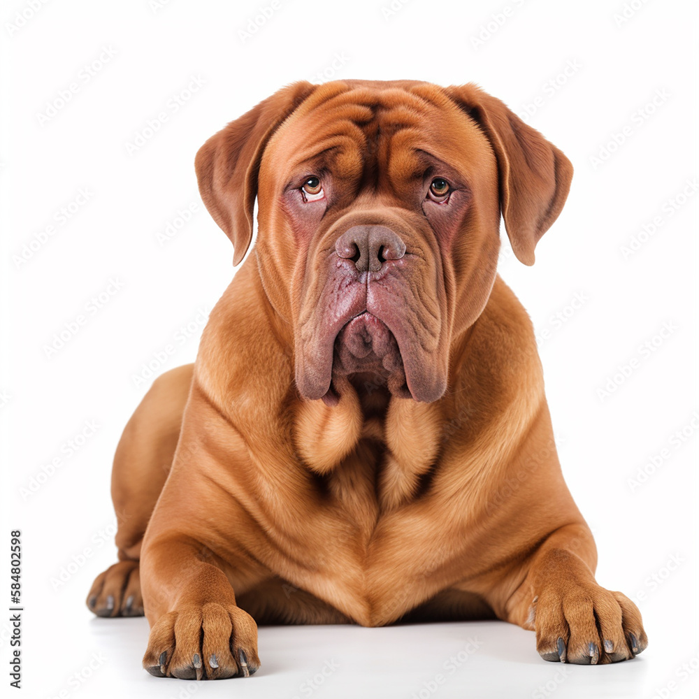 Big red dog breed Dogue de Bordeaux isolated on white close-up, beautiful pet, ai generative